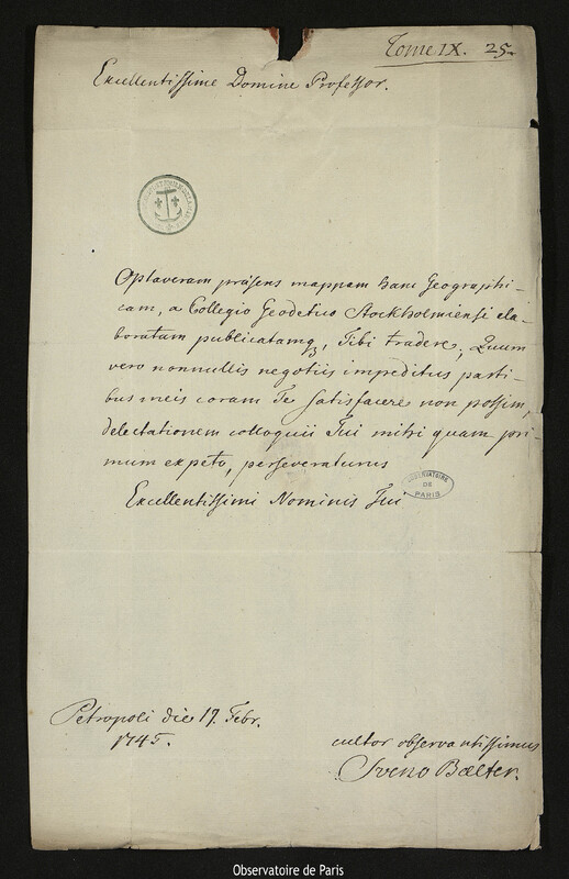 Lettre de Sven Boelter à Joseph-Nicolas Delisle, Saint-Pétersbourg, 17 février 1745