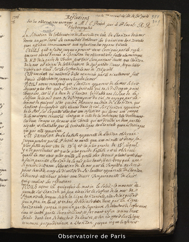 CASSINI I. Réflexions sur les observations envoyées à M. le C. Pontch. par le Père Laval p. r. d'hydrographie