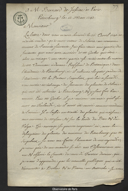 Lettre de Joseph-Nicolas Delisle à Bernard de Jussieu, Saint-Pétersbourg, 12 mars 1743