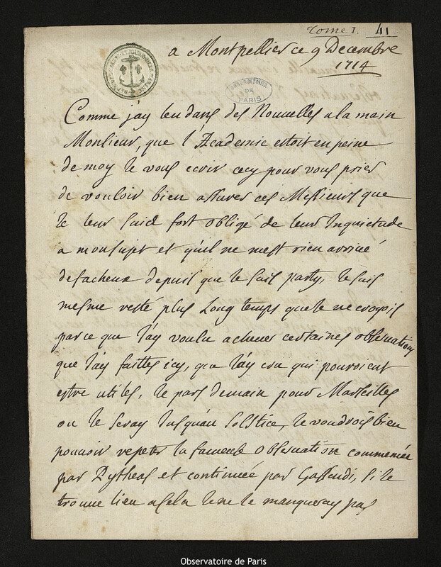 Lettre de Jacques d'Allonville de Louville à Joseph-Nicolas Delisle, Montpellier, 9 décembre 1714