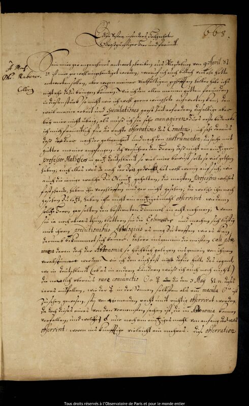 Lettre de Jan Heweliusz à Johann Gebhard Rabener, Gdansk, 5 juillet 1661