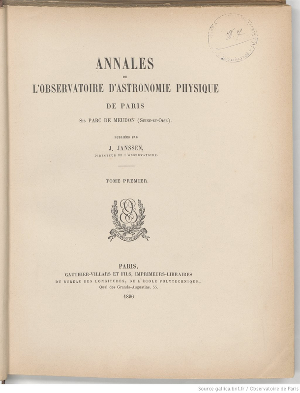 (1896-1926) Annales de l'Observatoire d'astronomie physique de Paris sis Parc de Meudon