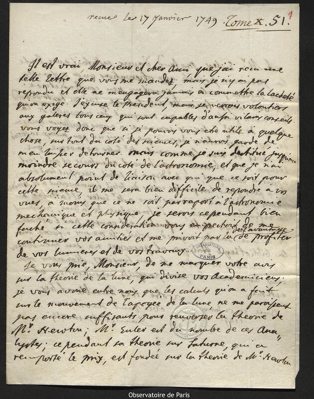 Lettre de Daniel Bernoulli à Joseph-Nicolas Delisle, Bâle, 12 janvier 1749