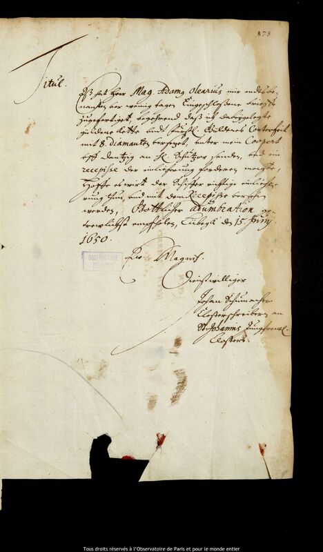 Lettre de Johann Schumacher à Jan Heweliusz, Lübeck, 15 juin 1650