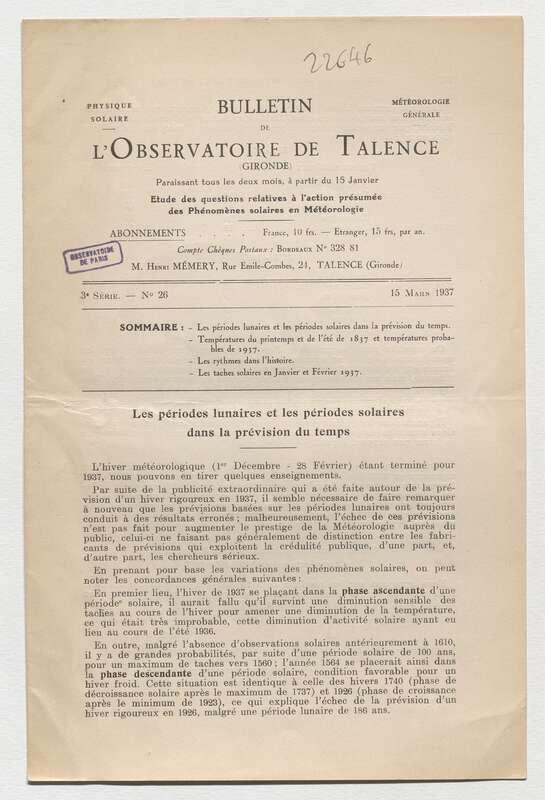 (1937) Bulletin de l'Observatoire de Talence, 3e série