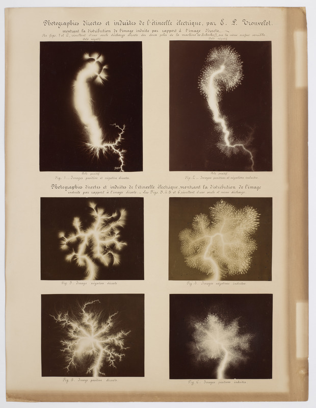 Photographies directes et induites de l’étincelle électrique, par E. L. Trouvelot, montrant la distribution de l’image induite par rapport à l’image directe. Images résultant d’une seule décharge directe par deux pôles de la machine de Ruhmkorff sur la même surface sensible : images positives et négatives directes (figures 1 et 2). Photographies directes et induites de l’étincelle électrique, montrant la distribution de l’image induite par rapport à l’image directe. Image résultant d’une seule et même décharge : image négative directe (figure 3), image négative induite (figure 4), image positive directe (figure 5), image positive induite (figure 6) (titre original)