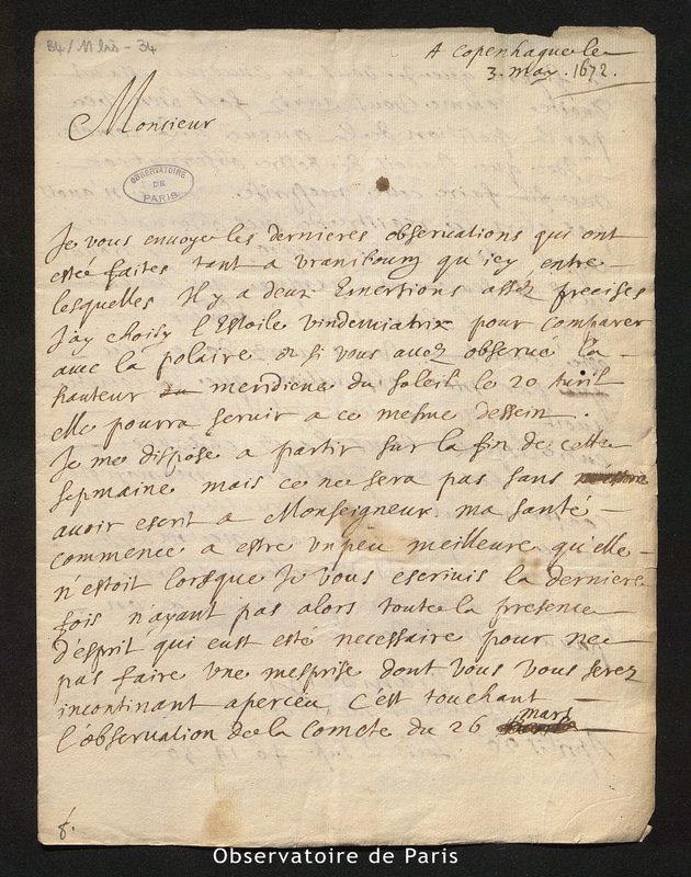 Lettre de Picard à Cassini I, Copenhague le 3 mai 1672