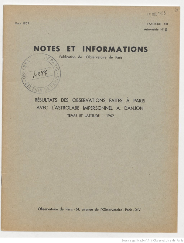 (1963) Notes et informations.. Résultats des observations faites à Paris avec l'astrolabe impersonnel A. Danjon, temps et latitude, 1962