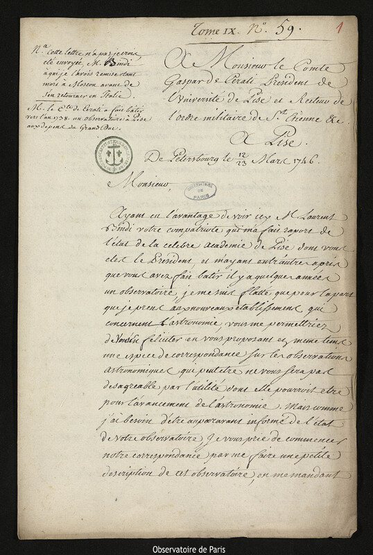 Lettre de Joseph-Nicolas Delisle à Gaspard Cérati, Saint-Pétersbourg,23 mars 1746