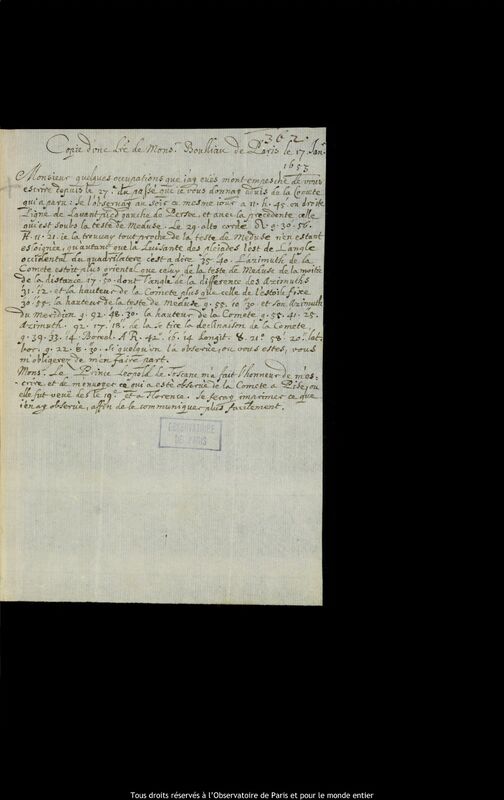 Texte manuscrit d'Ismaël Boulliau à Pierre Des Noyers, Paris, 17 janvier 1653