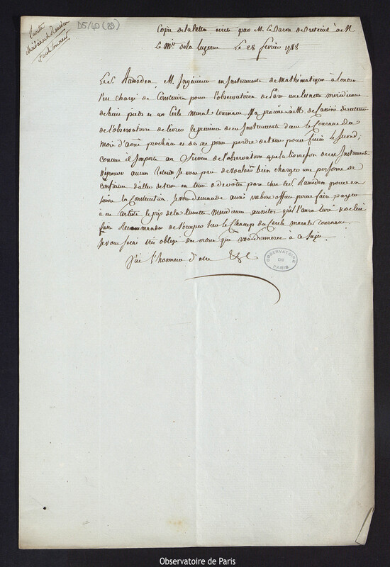 Copie de la lettre écrite par M. le Baron de Breteuil à M. le Marquis de la Luzerne le 28 février 1788