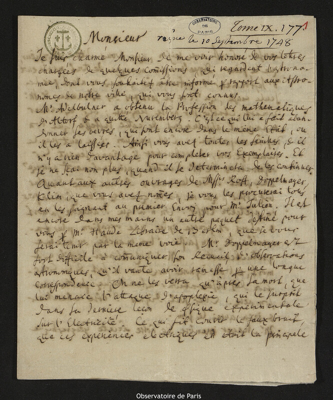 Lettre de Johann Michael Franz à Joseph-Nicolas Delisle, Nuremberg, 18 août 1748