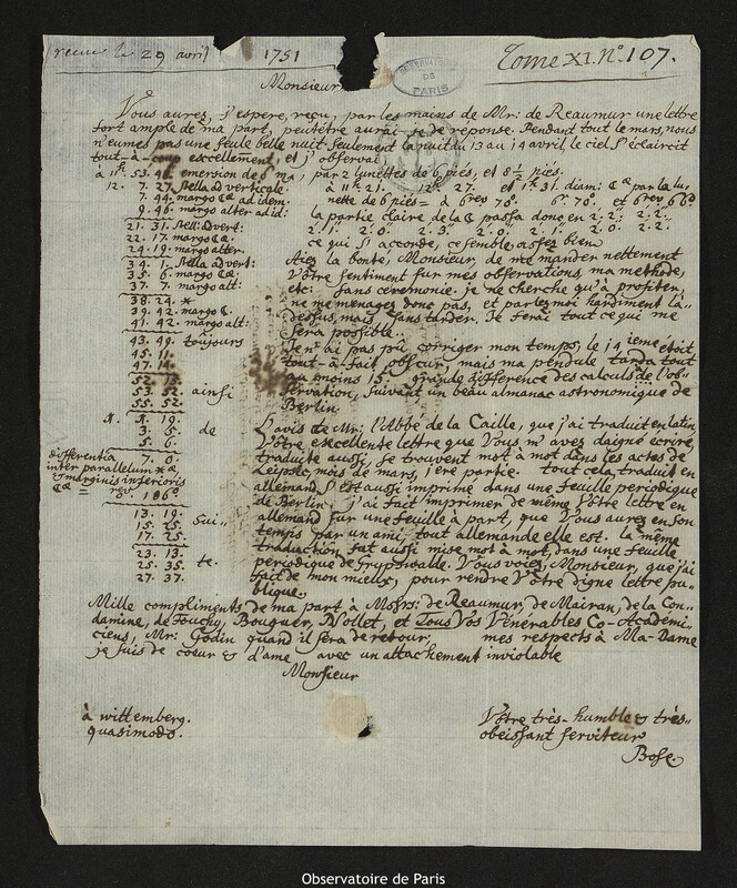 Lettre de Georg Matthias Bose à Joseph-Nicolas Delisle, Wittenberg