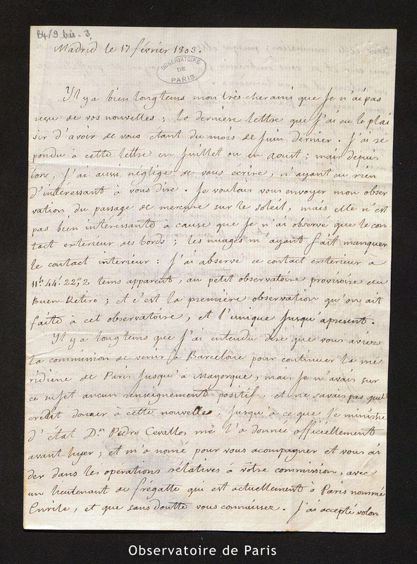 Lettre de Josef Chaix à Méchain, Madrid le 17 février 1803