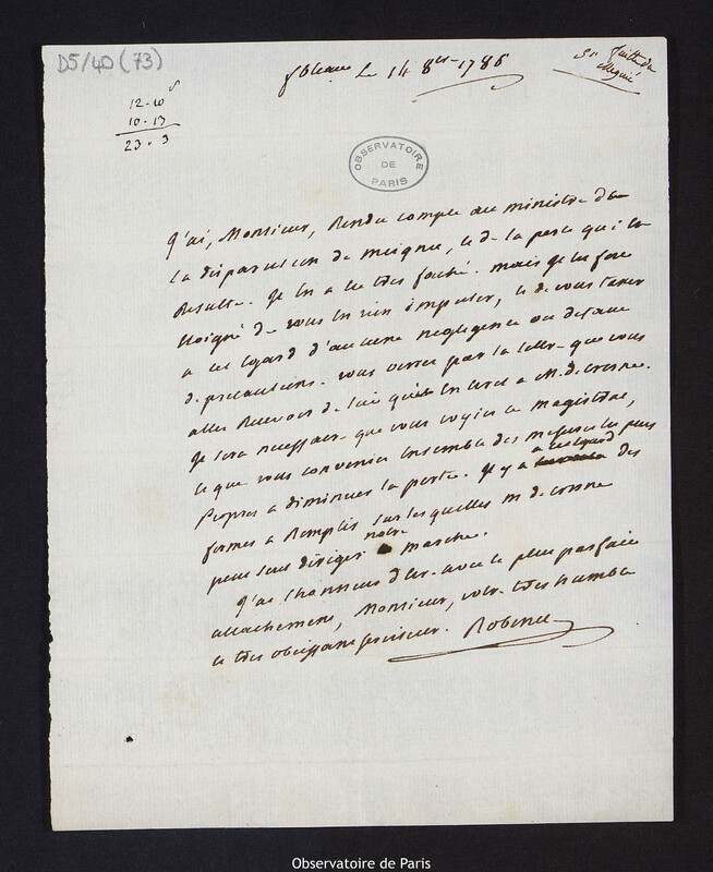 Lettre de M. Rabinet, premier commis des bureaux du baron de Breteuil à Cassini IV, le 14 octobre 1786