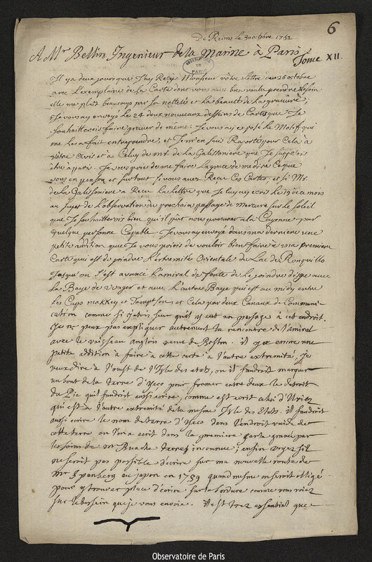 Lettre de Joseph-Nicolas Delisle à Jacques-Nicolas Bellin, Reims, 30 octobre 1752