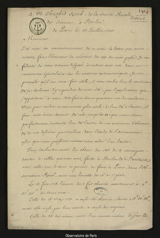 Lettre de Joseph-Nicolas Delisle à Christfried Kirch, Paris, 20 juillet 1720