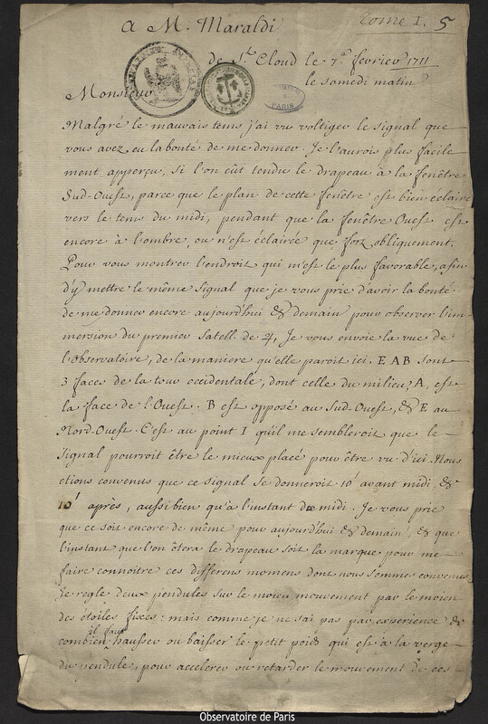 Lettre de Joseph-Nicolas Delisle à Jacques Philippe Maraldi, Saint-Cloud, 7 février 1711