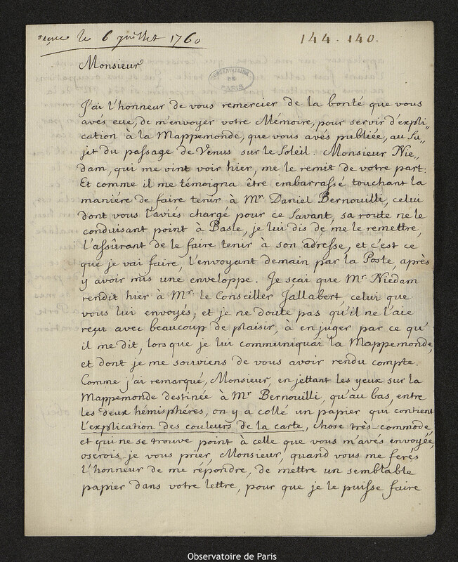 Lettre de Pierre-Louis Le Roy à Joseph-Nicolas Delisle, Genève, 1 juillet 1760