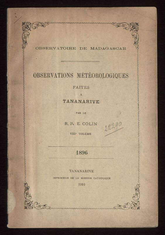 (1910_8) Observations météorologiques faites à Tananarive