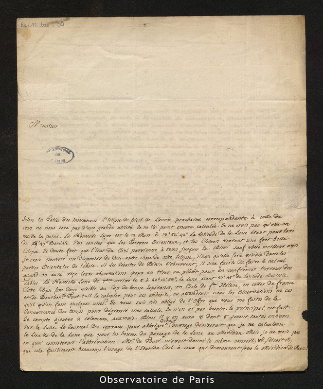 Lettre de Pingré à Le Monnier, Rouen le 6 avril 1754