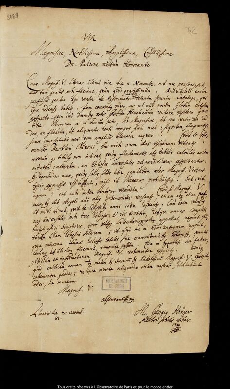 Lettre de Georg Krüger à Jan Heweliusz, Liepaja, 20 décembre 1682