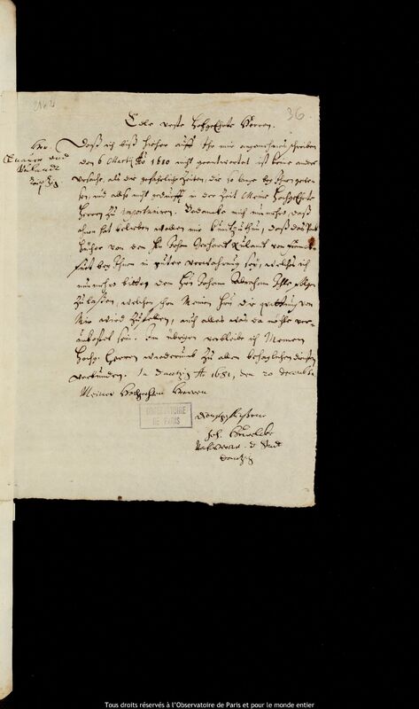 Lettre de Jan Heweliusz à Georg Knauer et Nicolaus Ludwig Rulandt, Gdansk, 20 décembre 1681