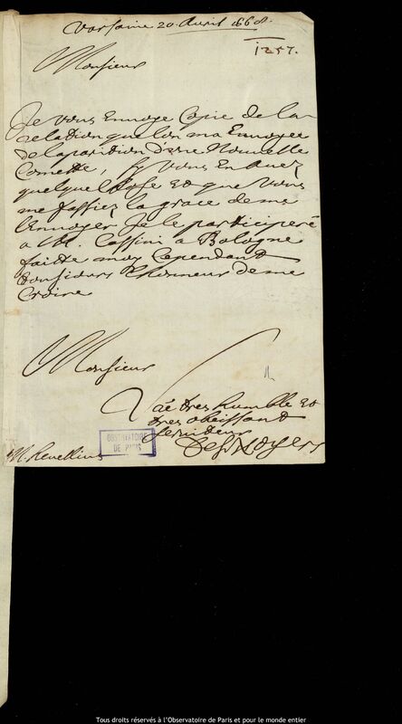 Lettre de Pierre Des Noyers à Jan Heweliusz, Varsovie, 20 avril 1668