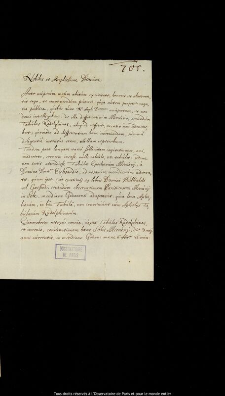 Lettre de Johann Kemmerling à Jan Heweliusz, Lniska, 14 octobre 1661