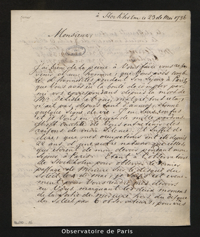 Lettre de Ferrner (B.) à [Delambre ?], Stockholm le 23 mai 1786