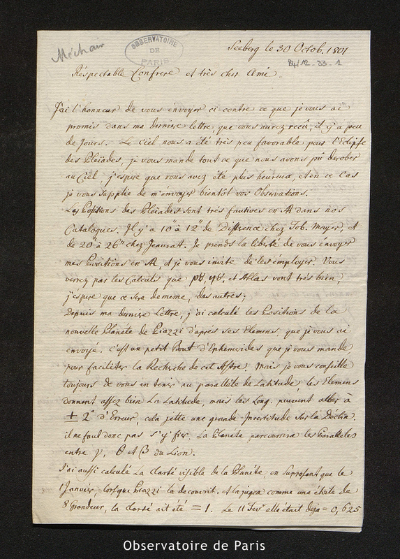 Lettre de Zach, le 30 octobre 1801