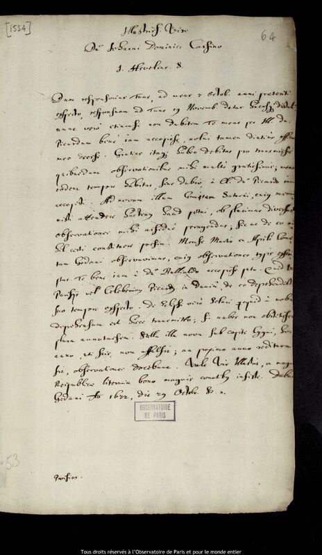 Lettre de Jan Heweliusz à Jean-Dominique Cassini, Gdansk, 29 octobre 1672