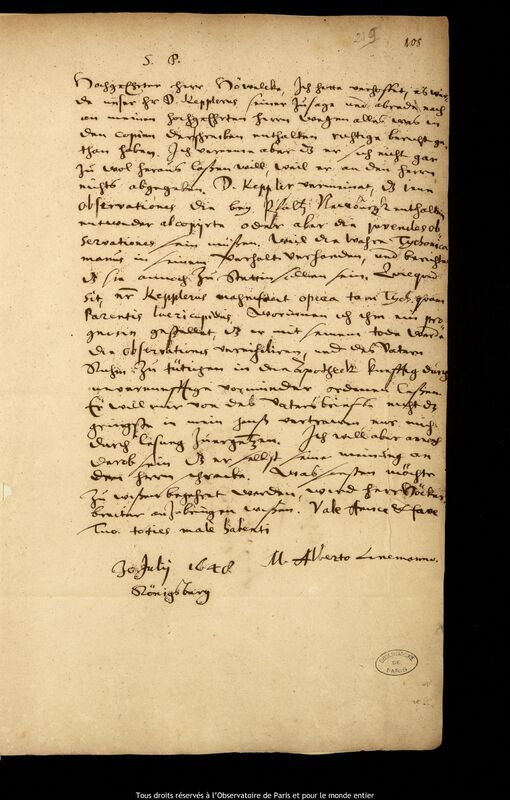 Lettre d'Albert Linemann à Jan Heweliusz, Kaliningrad, 30 juillet 1648