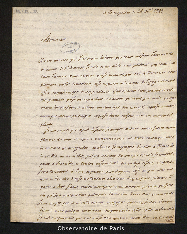 Lettre de Ulloa, Montepellier le 24 octobre 1749