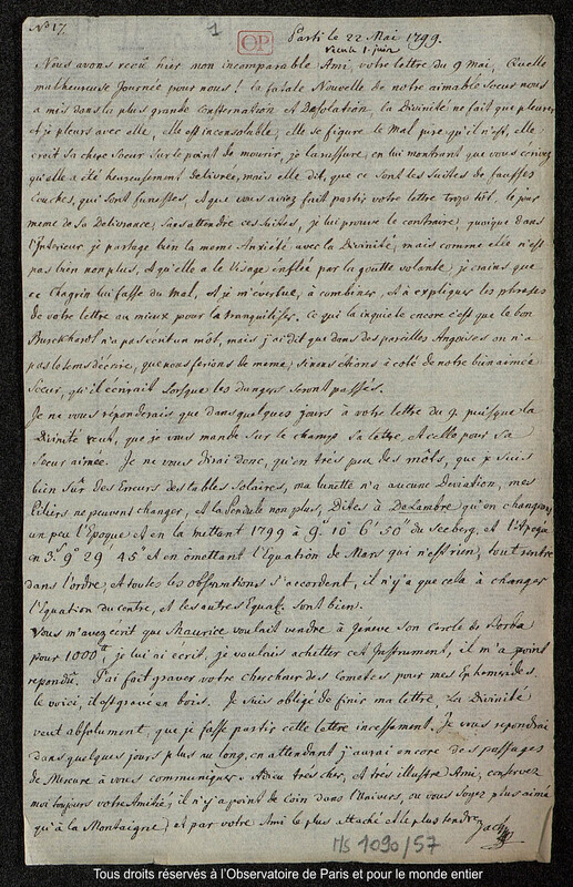 Lettre du baron Franz Xaver von Zach à Joseph Jérôme Le françois de Lalande [Gotha], 22 mai 1799