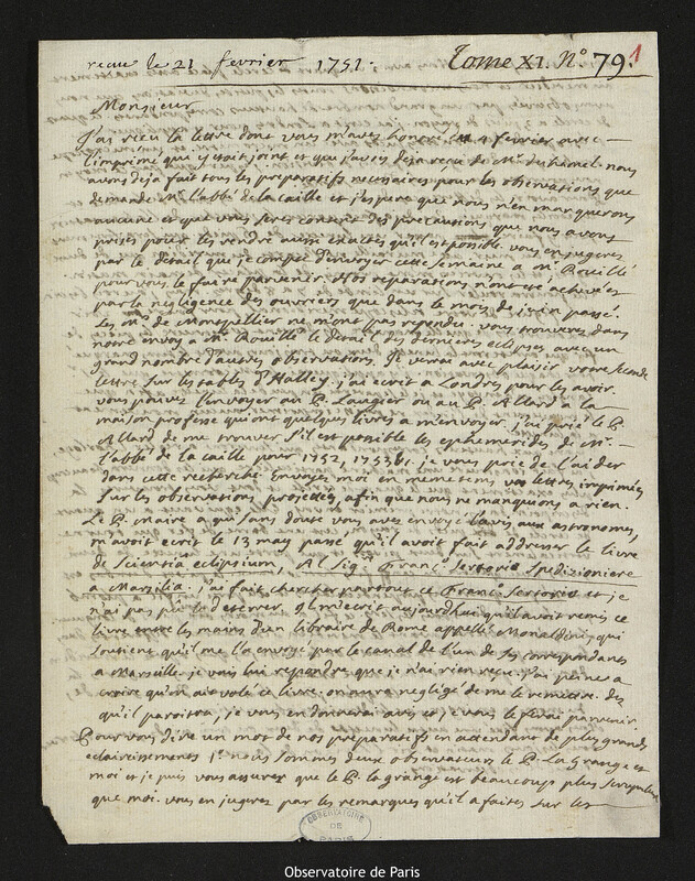 Lettre de Esprit Pezenas à Joseph-Nicolas Delisle, Marseille, 15 février 1751