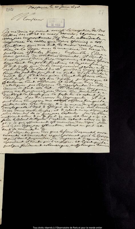 Lettre de Pierre Des Noyers à Jan Heweliusz, Varsovie, 10 juin 1678