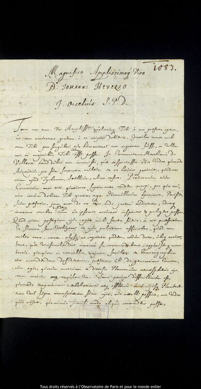 Lettre de Jacques Oisel à Jan Heweliusz, La Haye, 11 décembre 1665