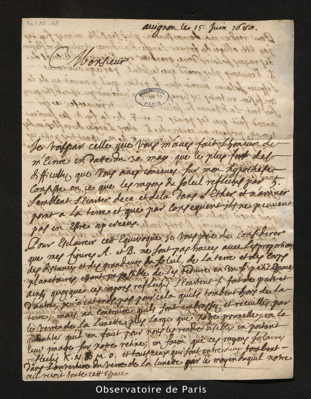 Lettre de Gallet à Cassini I, Avignon le 15 juin 1680