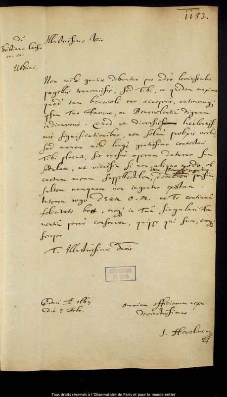 Lettre de Jan Heweliusz à Christian Cassius, Gdansk, 7 février 1667