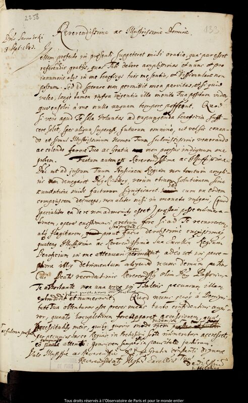 Lettre de Jan Heweliusz à Adam Sarnowski, Gdansk, 3 septembre 1683