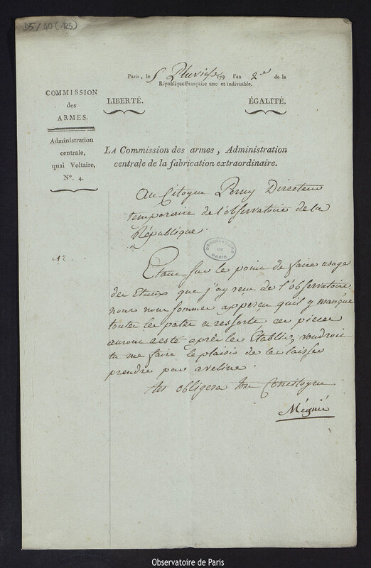 Lettre de M. Mégnié de la Commission des armes, administration centrale de la fabrication extraordinaire, au Citoyen Perny, directeur astronome de l'Observatoire, à Paris le 24 janvier 1794