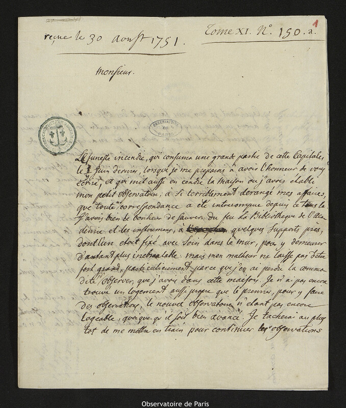 Lettre de Pehr Wilhelm Wargentin à Joseph-Nicolas Delisle, Stockholm, 30 juillet 1751