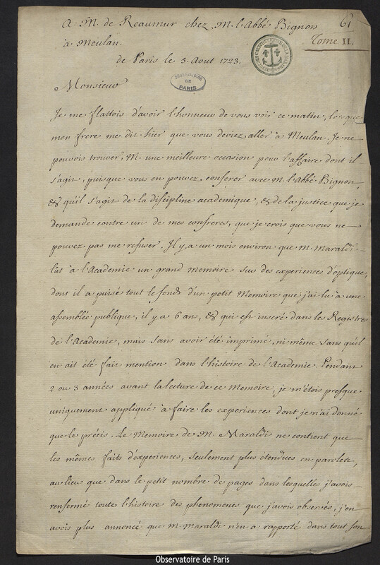 Lettre de Joseph-Nicolas Delisle à René Antoine Ferchault de Réaumur, Paris, 5 août 1723