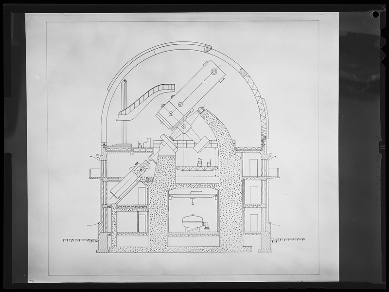 Vue en coupe de la coupole du télescope de 193cm de l'Observatoire de Haute-Provence avec le télescope et le spectrographe - Observatoire de Haute-Provence (titre forgé)