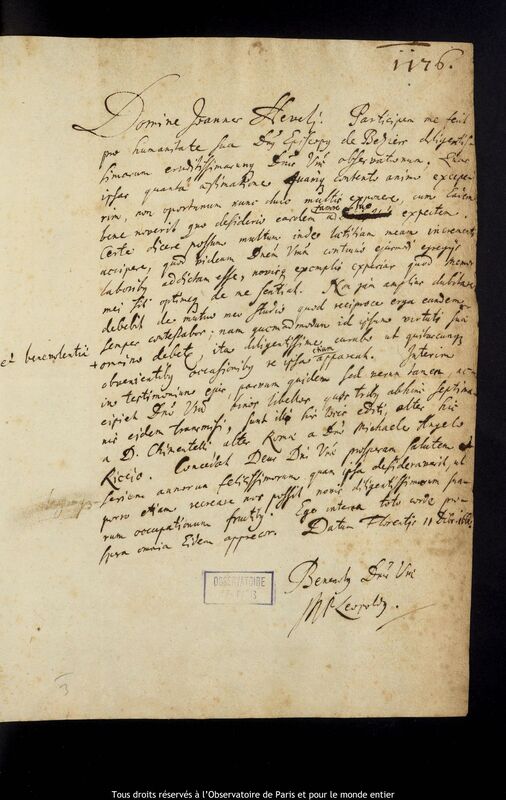 Lettre de Leopoldo de' Medici à Jan Heweliusz, Florence, 11 décembre 1666