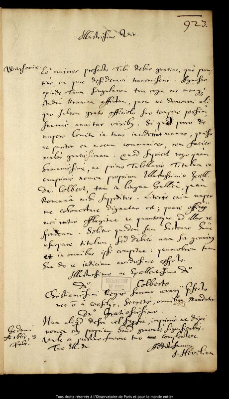 Lettre de Jan Heweliusz à Jean Baptiste Colbert, Gdansk, 3 février 1665