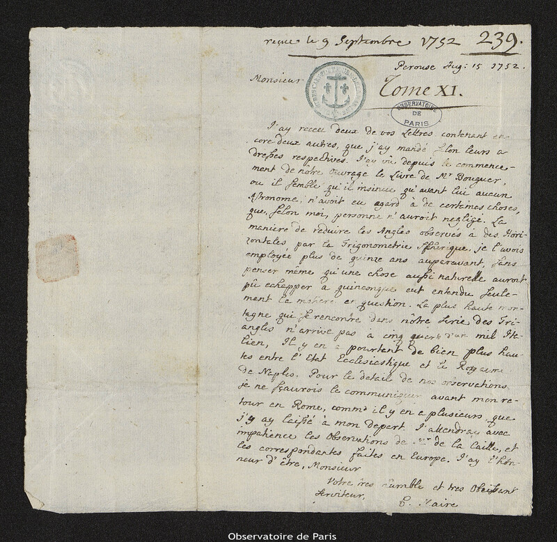 Lettre de Christopher Maire à Joseph-Nicolas Delisle, 15 août 1752