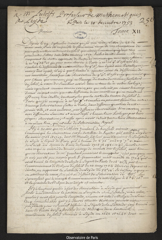 Lettre de Joseph-Nicolas Delisle à Johannes Zulofs, Paris, 10 décembre 1753