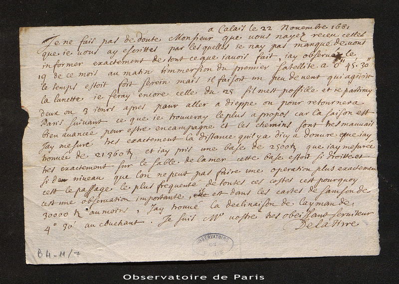 Lettre de La Hire à Cassini I, Calais le 22 novembre 1681